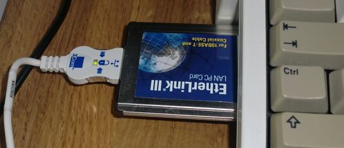 My 3Com ethernet card hooked up to the Amiga 1200 (photo by Old School Game Blog)