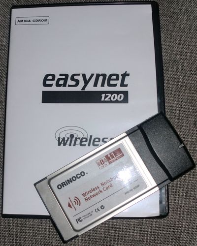 EasyNet software and a PCMCIA WLAN card from AmigaKit (photo by Old School Game Blog)