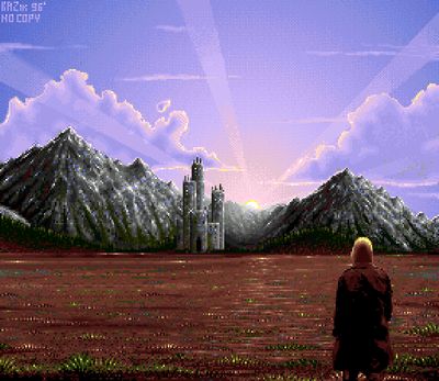 The first part of the intro. This is a screenshot of a man walking towards a castle (screenshot by Old School Game Blog).